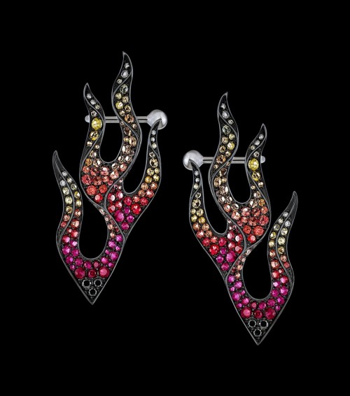 Diamond, black diamond, ruby, orange sapphire, and yellow sapphire flame earrings (at Zahira)