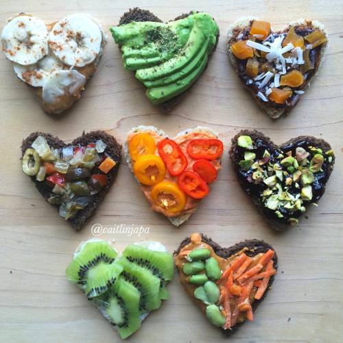 Mini Heart Toasts banana-peanut butter-nutmeg. avocado-cracked pepper . chocolate peanut butter-apri