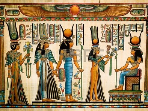Illustration after an Ancient Egyptian papyrus showing 19th dynasty Queen Nefertari making an offeri