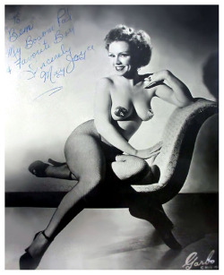 May Joyce       aka. “The Tiny Mite of Dynamite”.. Vintage 50’s-era promo photo personalized to Burlesque enthusiast, Ben Hamill: “To Ben, — My Bosom Pal and Favorite Boy — Sincerely, May Joyce”..