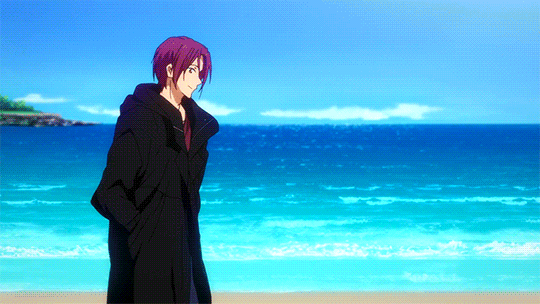 fencer-x:Rin speaks, with the ocean in the background. His hair flutters in the sea breeze. ★ He’s s