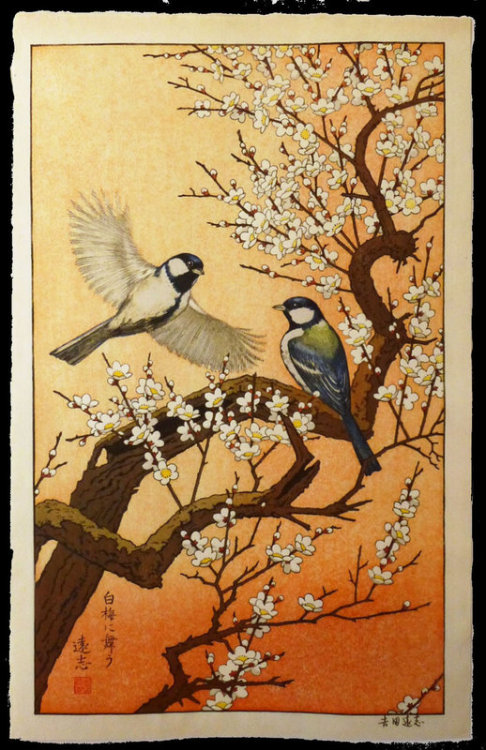 Toshi Toshida Spring- Flying Around the Plum Tree 1982 Woodblock Print