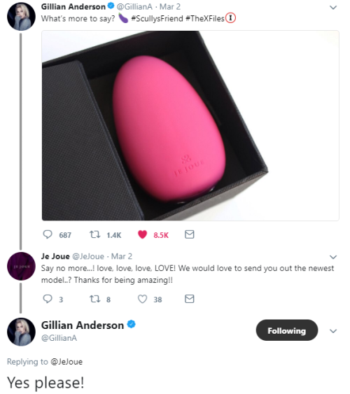 midtown120blues:agentscullycarter:GILLIAN ANDERSON IS REALLY OUT HERE ASKING FOR FREE VIBRATORS ON T