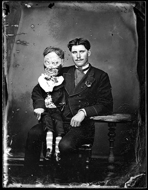 Tin type of a ventriloquist and his dummy, circa 1869