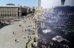 untrustyou:  Independence Square (Maidan) in Kiev, Ukraine.  In April 2009, left, when a Ukrainian student group formed a smiley face, and on Thursday (Feb. 20, 2014), as protesters inspected damage from recent clashes with government forces. Via 