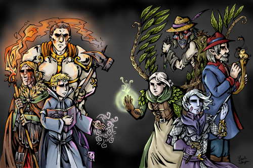 Drew our D&D group’s two parties in Darkest Dungeon style.