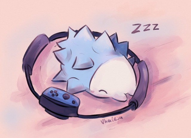 Snom (ice larva pokemon) lying inside the ring fit controller, taking a nap.