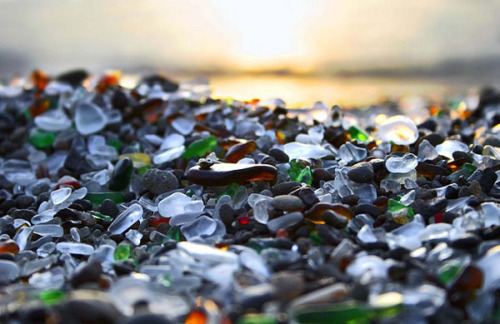 joodle:  Glass Beach, Northern California From 1950 to 1967, residents of Fort Bragg, California chose to dispose of their waste by hurling it off the cliffs above a beach. No object was too toxic or too large such as household appliances, automobiles,