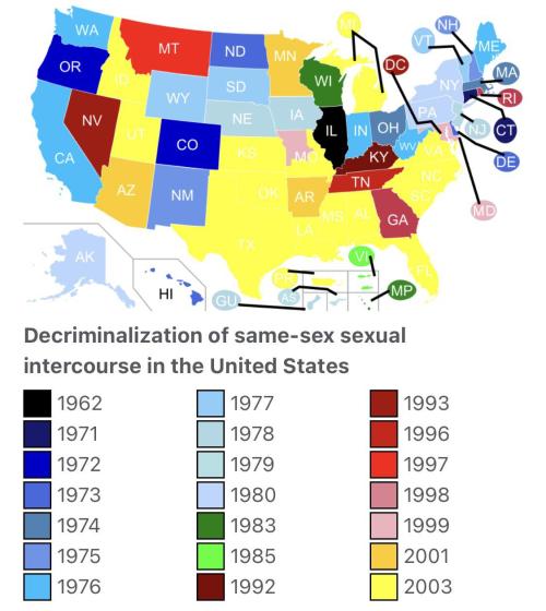 mapsontheweb:The decriminalization of same-sex adult intercourse across the U.S. Until Lawrence v. T