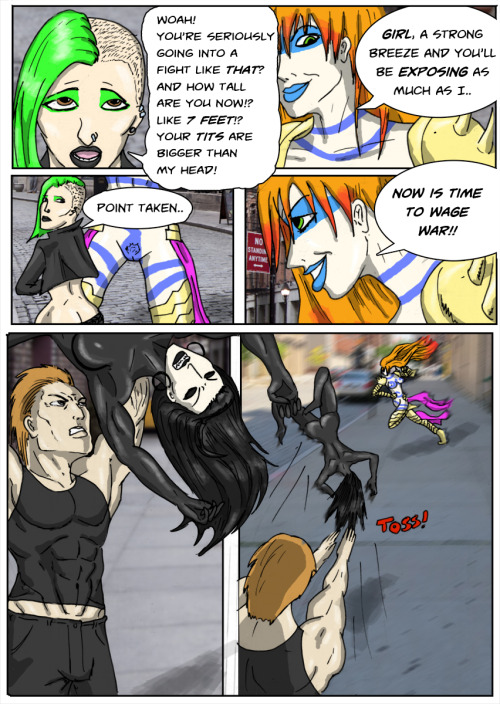 Kate Five vs Symbiote comics Page 174  Liath makes a fair point about Cassandra’s outfit, but now she’s joining in the fight! What will come of Kate and Centennia?  Centennia although off-panel appears courtesy of cosmicbeholder