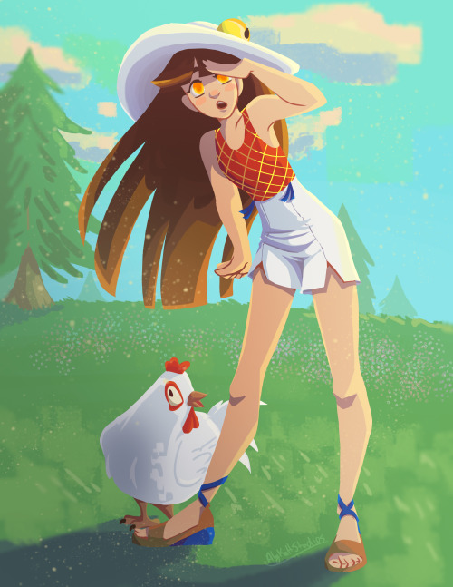 Neo out with her pet chicken! What a lovely day it is outside… 
