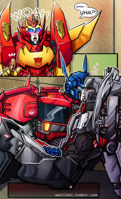 maelikki:  Yay, some MTMTE MegOP - Rodimus walking in on them for the first time. They took him in after. Harr harr. 