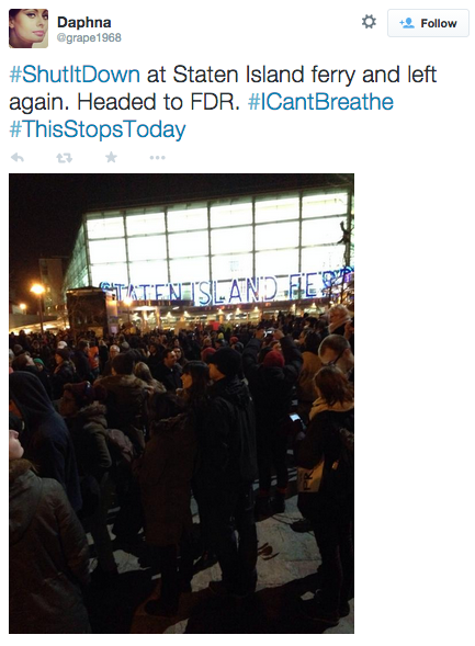 socialjusticekoolaid:  HAPPENING NOW (12/4/14): Protesters are converging on the Staten Island Ferry, attempting to reach the location of Eric Garner’s death on Staten Island. #thisendsnow #staywoke 