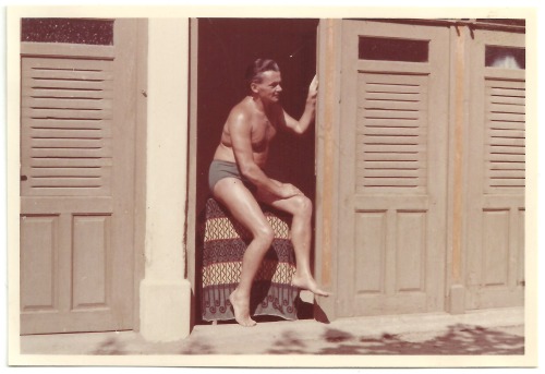 markonpark:Swimsuit man peeks out of changing room. Original vintage snapshot photo.Etsy: markonpark