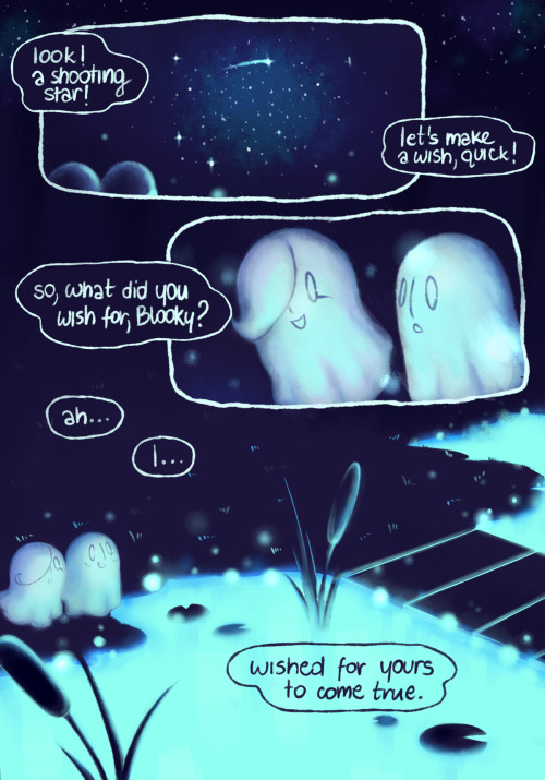 milleart:  ✧ﾟ･:* wishing night *:･ﾟ✧ I really needed some background practice, so I decided to put a cute idea I had into a little comic. I loved MTT and Blooky’s little plot. Blooky’s just the sweetest supportive cousin ever ;u;   <3