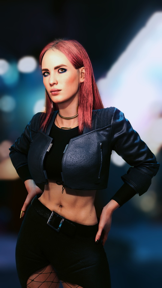 female character from Cyberpunk 2077 with pink hair and heterochromia, colorful bokeh background