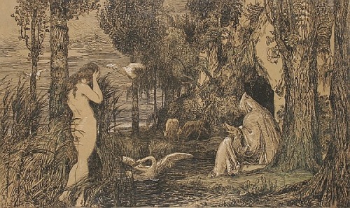 Emil LugoLesender Mönch und Nymphe an einem Schwanenweiher , 1895