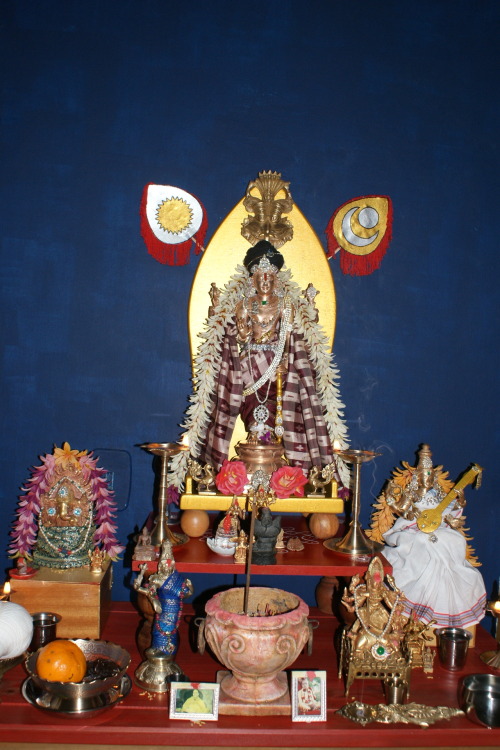 Sri Perumal at Vamana Dvadasi, with Saraswati and ganesha, my household shrine.