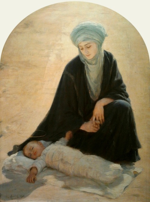 weirdpolis:Arabic Madonna and Child (The Child sleeping in the desert) by Albert Aublet, 1898.source