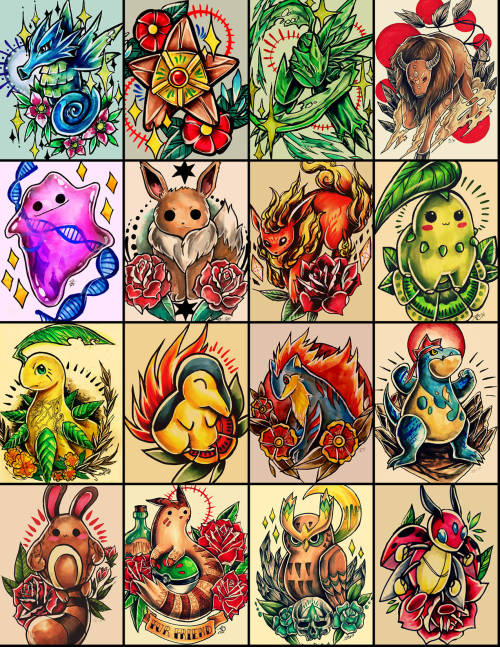 retkikosmos:  Pokemon Tattoo Design Seriesfull series as of June 2015my biggest series of i’ve done/ will ever doI took a few months hiatus from this project but I’m back at it and i’m still determined to draw them all! 