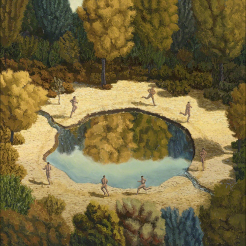 wtxch:Bruce Ackerson (American, b. 1949)Running around the pond, 2017Oil on board