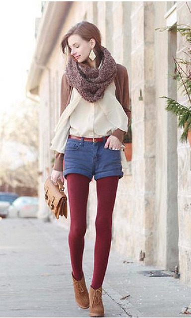 Blue Denim Shorts With Burgandy Tights by StacyKMmmph on Flickr.