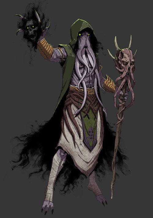 Qhan the Conquerer an Illithid wizard on a quest to become a lich. weilding Uruthal a sentient staff