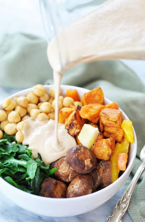 tinykitchenvegan:Root Vegetable Power Bowl with Roasted Garlic Tahini Dressing