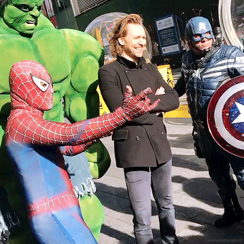 Tom Hiddleston Loki catching up with some old friends in Times Square, New York City on 23rd Novembe