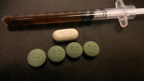 112grams:A nice bouquet of opiates.Monkey water(no point on syringe) a 10/325 and 4x80mg oxy(sadly O