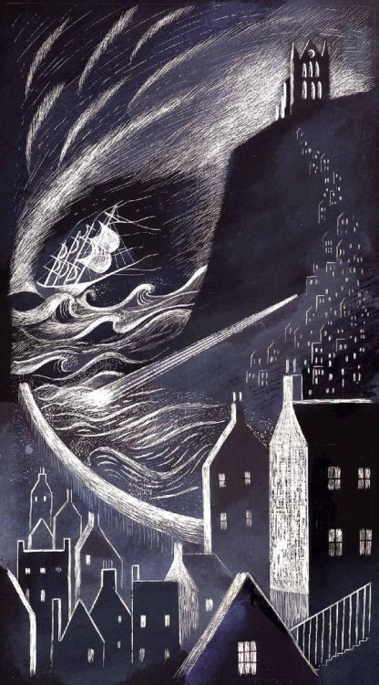 wasbella102:“Dracula: The Schooner Demeter Arriving Into Whitby” by Ed Kluz from the “Illustrating D