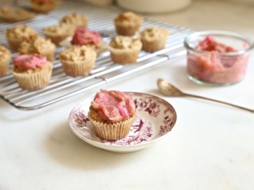 Almond Vanilla Cupcakes with Rhubarb Compote (vegan)