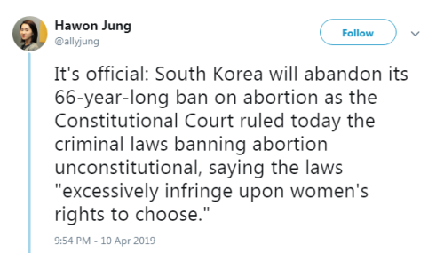 profeminist:“It’s official: South Korea will abandon its 66-year-long ban on abortion as the Constit