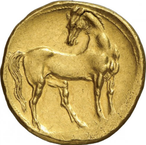 archaicwonder: Gold Trihemistater from Carthage, Zeugitana, C. 260 BCObverse: Head of Tanit facing t