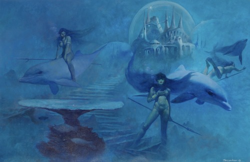 manyworldspress:Sanjulian, Under the Sea, 1982. Acrylic on canvas, 16.75 x 25.25 inches. Wraparound 