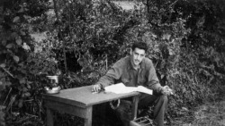 supermodelgif:  The only known photo of J.D. Salinger working on ‘Catcher in the Rye’ during WWII.