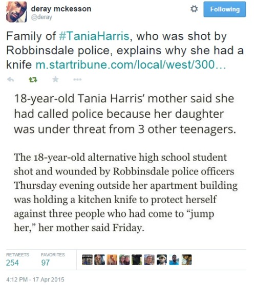 iwriteaboutfeminism:Thursday, April 16th18-year-old Tania Harris of Robbinsdale, Minnesota was being