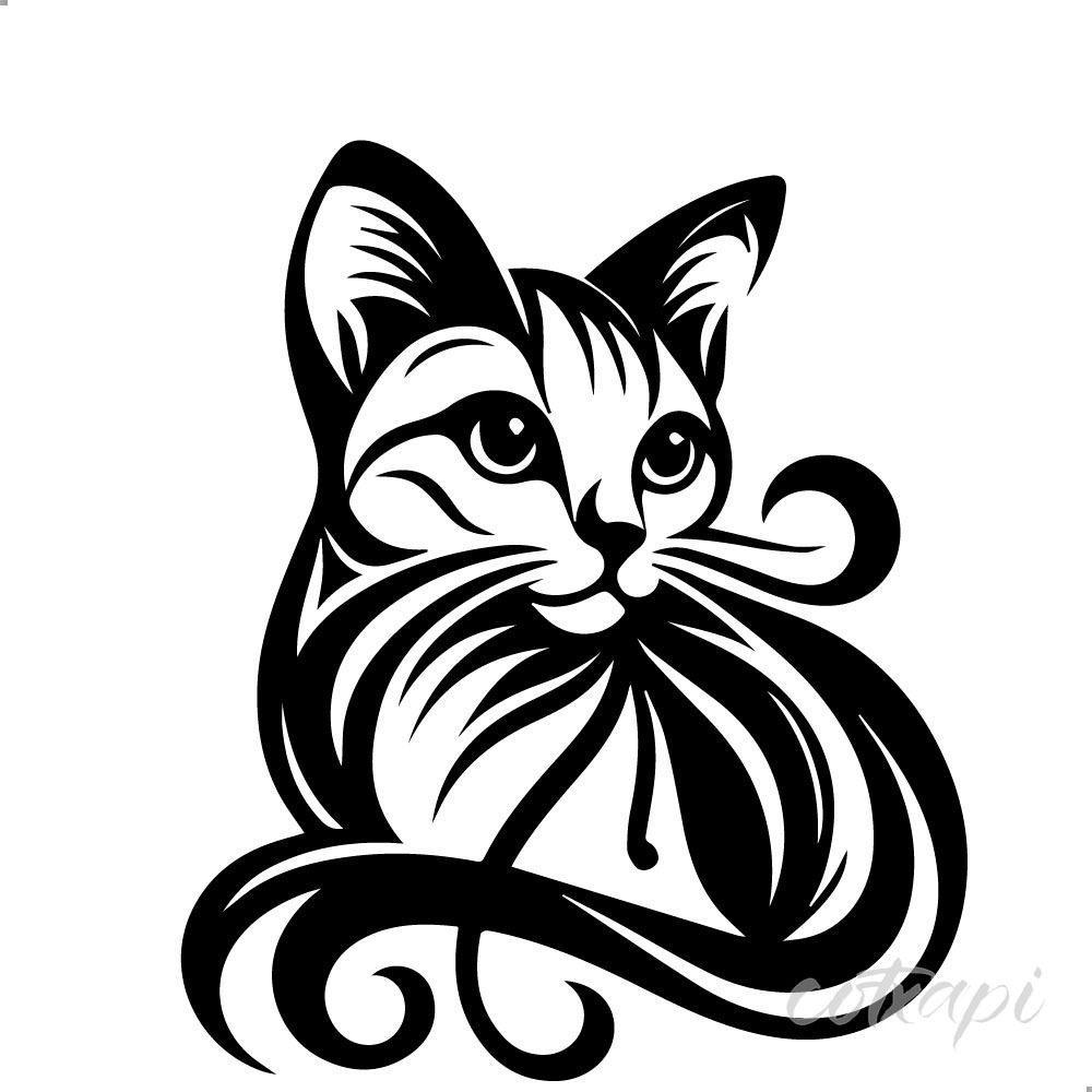 Cute Cat Shadow Icon Animal Vector Art Illustration, Black and White Outline Design
