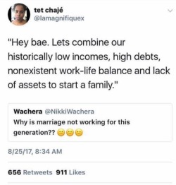 ultrareginarules: miseducatedmelanicmuse: And this my friend is what you call accuracy! Honestly, the constant questions why millenials aren’t doing this or aren’t do that are just so fucking stupid. Millenials HAVE NO MONEY, and massive debt load