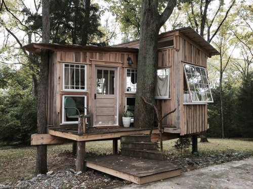 treehauslove:  The Fox Treehouse. A cozy treehouse with lots of natural light, cozy interior, and beautiful murals by Emily Leonard. Located in Nashville, Tennessee. 