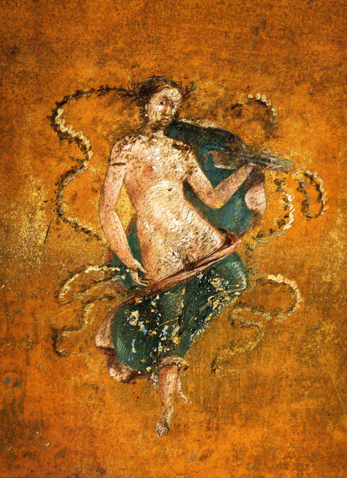 lionofchaeronea:Maenad bearing a plate with offerings.  Fresco from a triclinium of the Casa del Cen
