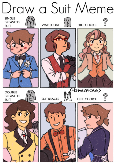 The ‘Draw a Suit’ meme, but make it Professor Layton<3(plus me giving some of them different hair