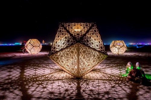 crossconnectmag:         HYBYCOZO, or the Hyperspace Bypass Construction Zone, is a series of sublime, laser cut cosmic objects, ranging from a Burning Man art installation to design pieces for the home. The project is inspired by the intersection of