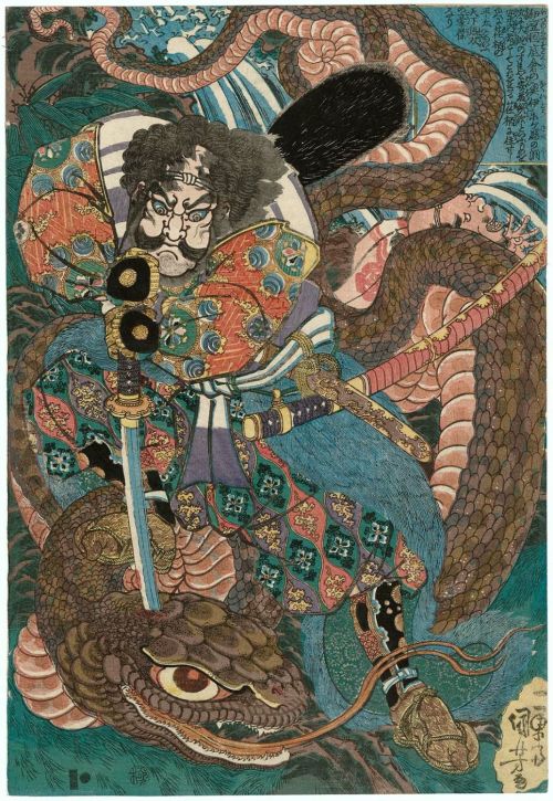 the-evil-clergyman: Wada Heita Tanenaga Killing a Giant Snake by Utagawa Kuniyoshi (1834-35)