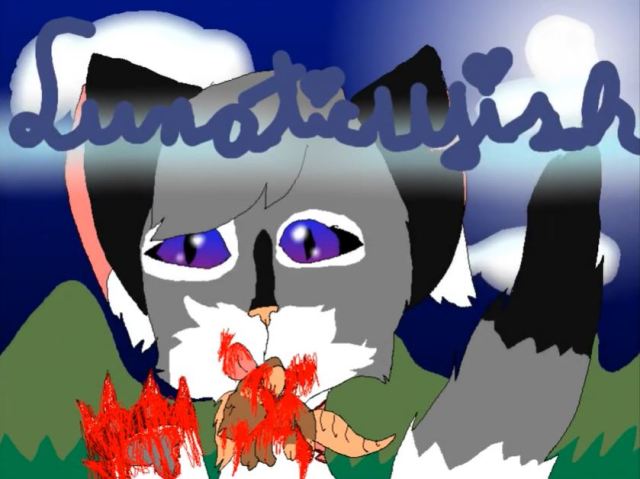 a gray, white and black cat with a transformice character on it's mouth, there's a lot of blood and bad paint dot net effects, her tongue is out and on top of her it reads "Lunaticwish" with a heart