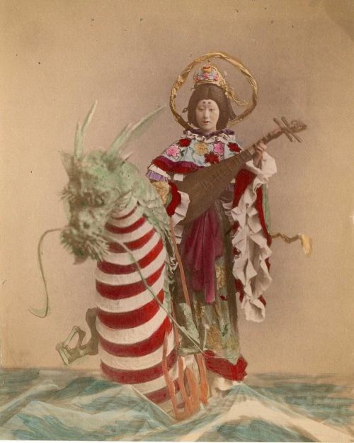 Benzaiten (Benten) 弁才天 Buddhist Goddess of Music &amp; Luck - Hand colored albumen print - Japan -