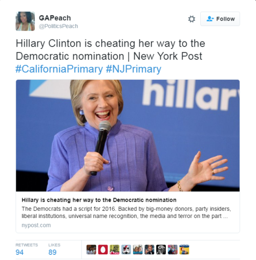 pocmemes:  lagonegirl:    Hillary Clinton is now the presumptive nominee of the Democratic Party, based on her wins in most of the June primaries. In California, there is significant evidence to suggest that her win was based on voter fraud and voter