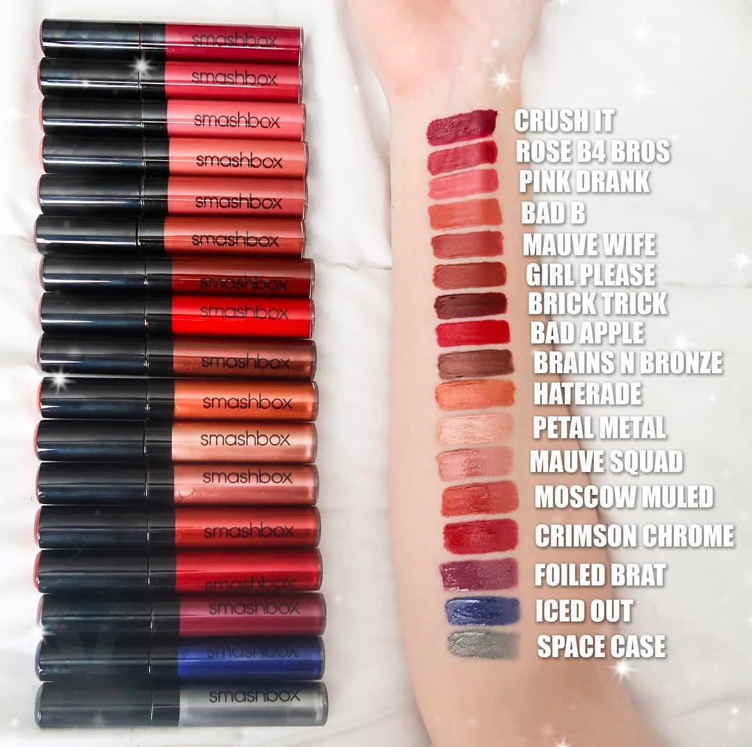 ALLLLLL 17 shades of @smashboxcosmetics @vladamua #belegendaryliquidlip swatched for ya viewing pleasure!! 😍😍😍❤️🙏🏻 super creamy, super reflective, super pigmented! 👌🏻 Bottom 9 are metallic, top 8 are shiny amazing pigments! Which color is your fave?...