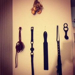 modeltrillium:My favorite wall❤️ #fetishlife #slick #bdsm #kink #realkink #deadroses #hook #gag #flogger #paddle