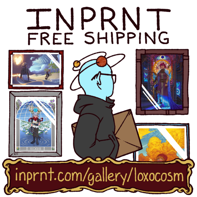 A drawing of me standing in front of my available prints. The text reads "INPRNT free shipping" and "inprnt.com/gallery/loxocosm/"